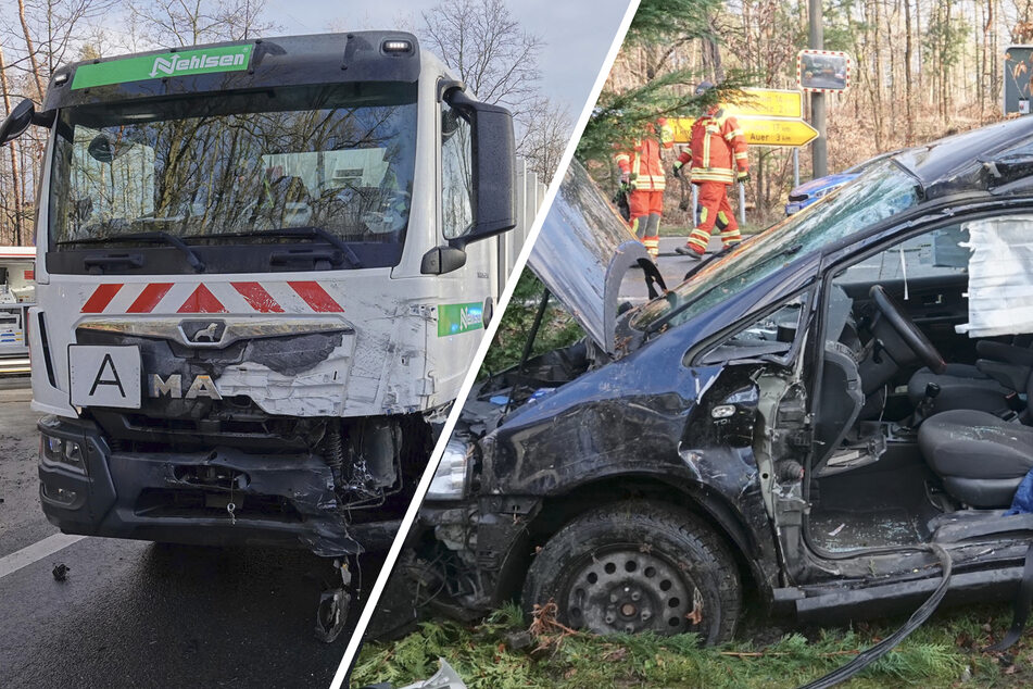 Müllauto und Seat krachen gegeneinander: Mann muss schwer verletzt in Klinik geflogen werden