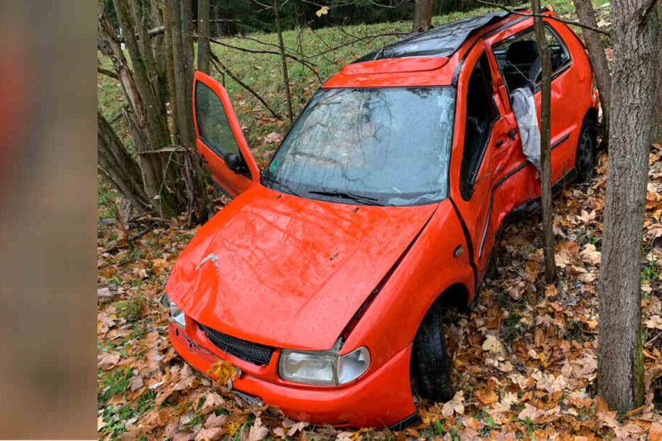 Das Auto wurde zwischen zwei Bäumen eingeklemmt.