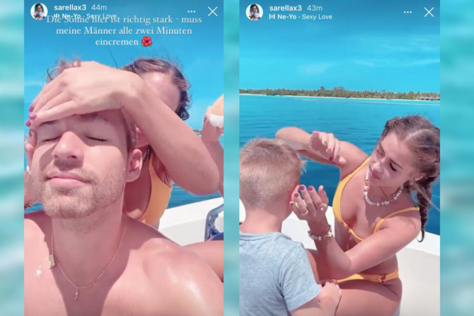 Julian Büscher (27), Alessio Lombardi (5) und Sarah Lombardi (27) genießen ihren Traumurlaub zu dritt.