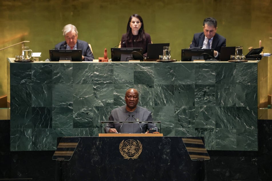 Ghana's President John Dramani Mahama speaks in the UN General Assembly ahead of a vote on a resolution declaring the transatlantic trafficking and chattel enslavement of African people as the "gravest crime against humanity."