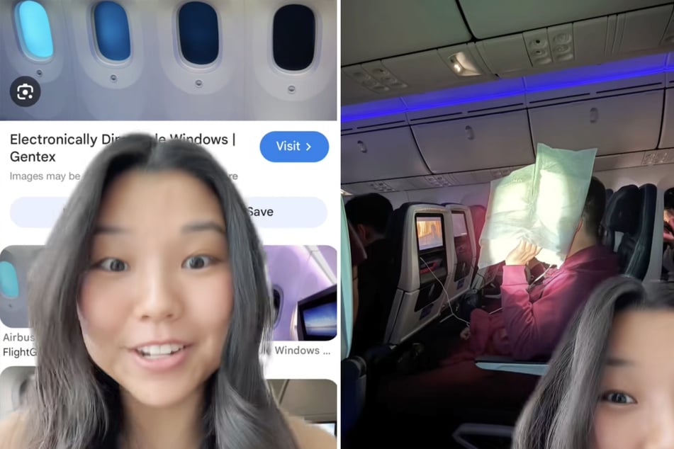 Nachdem die Passagierin das Fenster nur leicht verdunkelt hatte, schien immer noch sehr viel Licht in das Flugzeug - kurzerhand schnappte sich ein Mitreisender sein Kissen und nutzte es als Blendschutz.