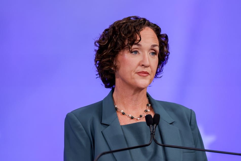 Democratic candidate Katie Porter is pictured on stage during the California gubernatorial debate.