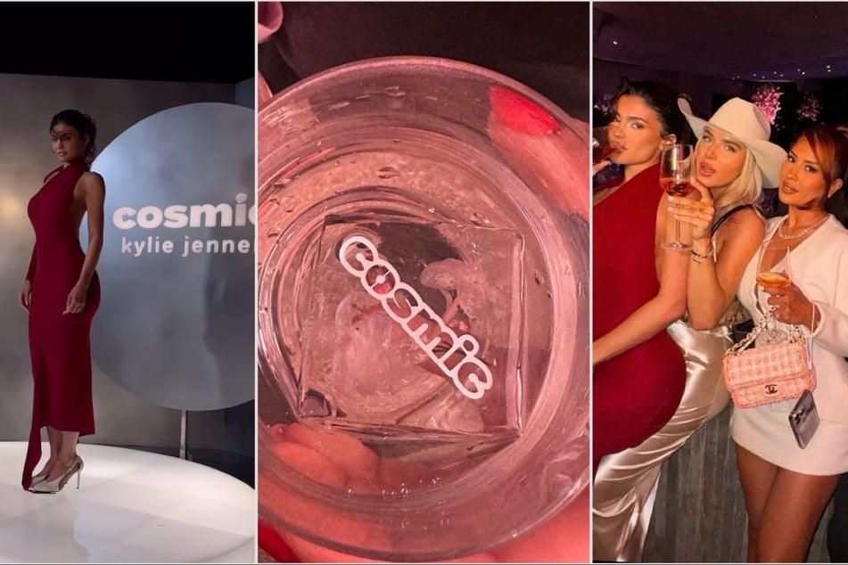 Kylie Jenner (l.) stunned in a red dress while celebrating her new fragrance, Cosmic.