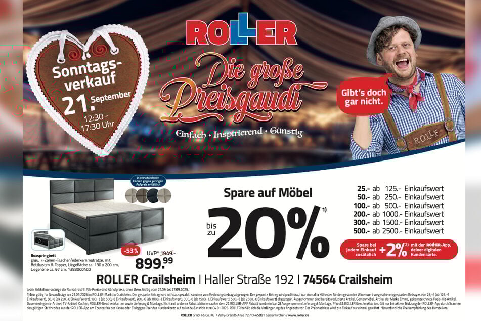 Zum verkaufsoffenen Sonntag (21.9.) bei ROLLER in Crailsheim bekommt Ihr Boxspringbetten satte 53 Prozent günstiger.