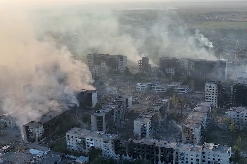 A drone view shows damaged property amid a Russian attack on Vovchansk, Kharkiv region, Ukraine.