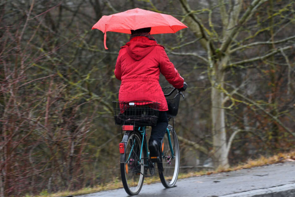 Eine Radlerin fährt bei Weißenau nahe Ravensburg (Baden-Württemberg) mit einem Regenschirm in der Hand auf den Gehweg entlang.