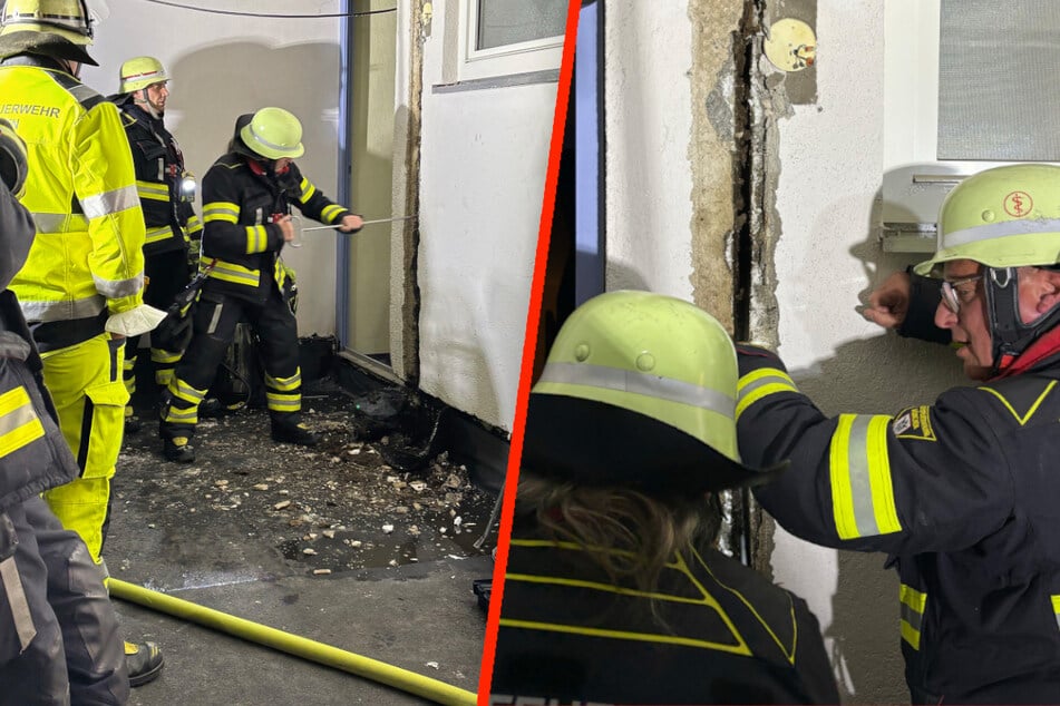 Die Fuge musste von der Feuerwehr mühsam ausgekratzt (l.) und anschließend mit Löschschaum gefüllt werden.