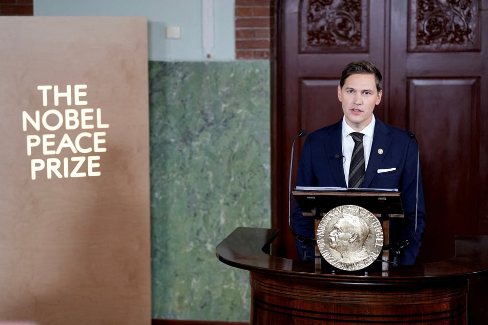 The chairman of the Nobel Committee, Jorgen Watne Frydnes, announces that Venezuelan opposition leader Maria Corina Machado is the laureate of the Nobel Peace Prize for 2025, at the Nobel Institute in Oslo, Norway, on October 10, 2025.
