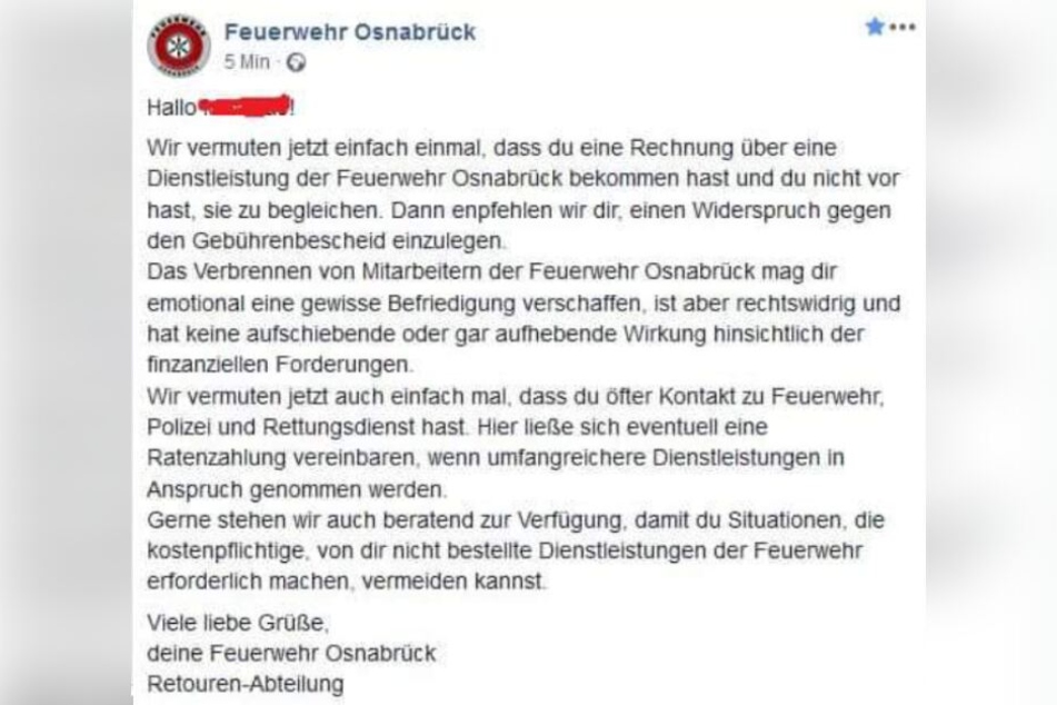 So antwortete die Feuerwehr auf die Drohung des Kunden.