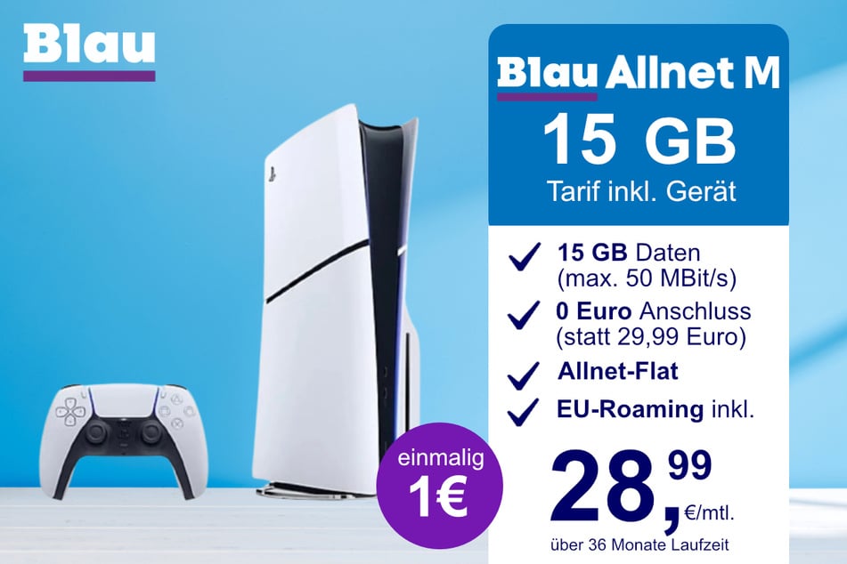 Die PS5 Digital Slim Edition im Blau Allnet M inkl. 15 GB für einmalig nur 1 Euro.