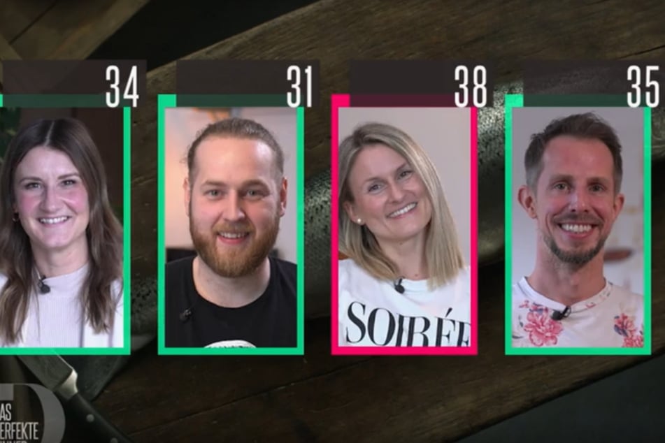 Die Punkte bisher für Christina (33, v.l.n.r.), Fabio (32), Julia (37) und Daniel (37). Nur Serap (43) steht jetzt noch aus.