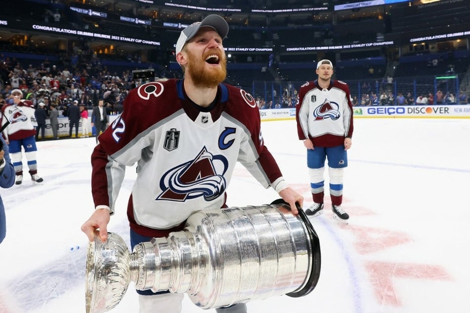 Gabriel Landeskog celebrates after winning the 2022 Stanley Cup.