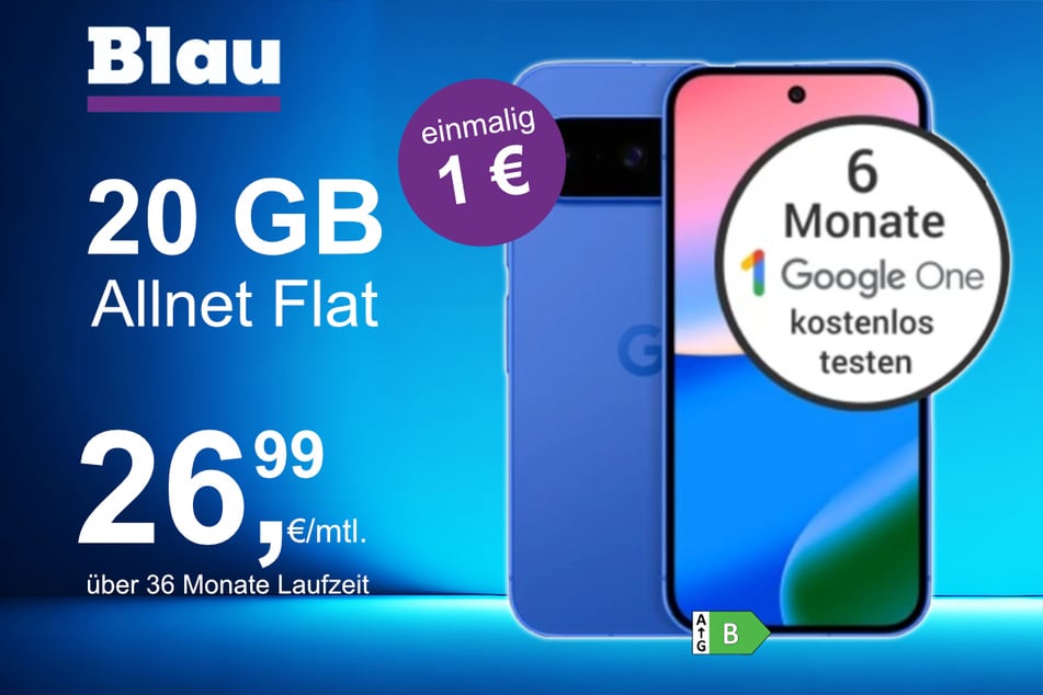 Das Google Pixel 10 im Blau Allnet M für einmalig 1 Euro.