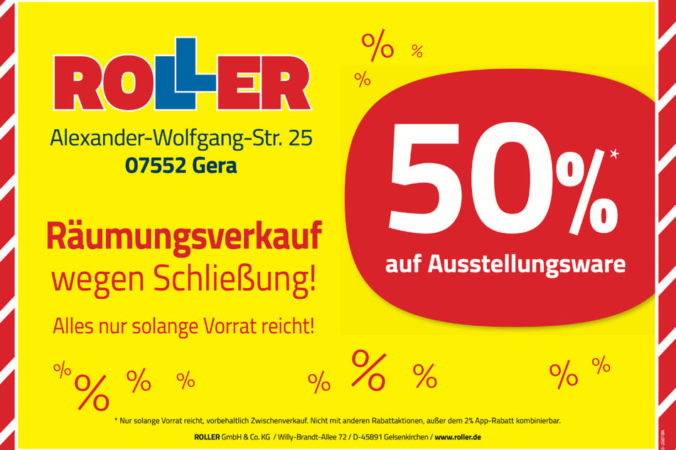 Während des Räumungsverkaufs bei ROLLER in Gera erhalten Kunden 50 Prozent Rabatt¹ auf Möbel.