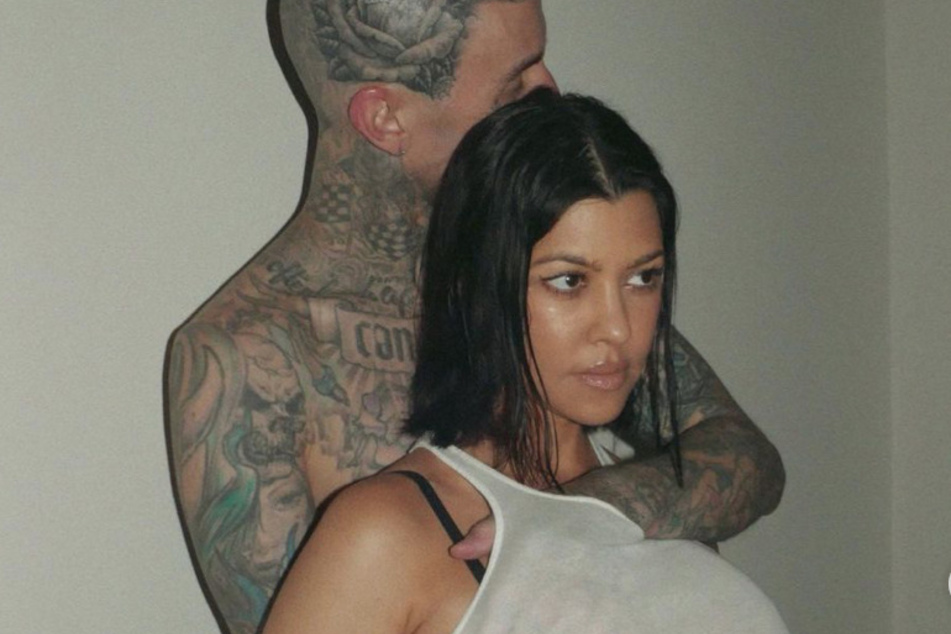 Kourtney Kardashian boasted about the benefits of ingesting placenta pills after welcoming her baby boy Rocky with husband Travis Barker (l.).
