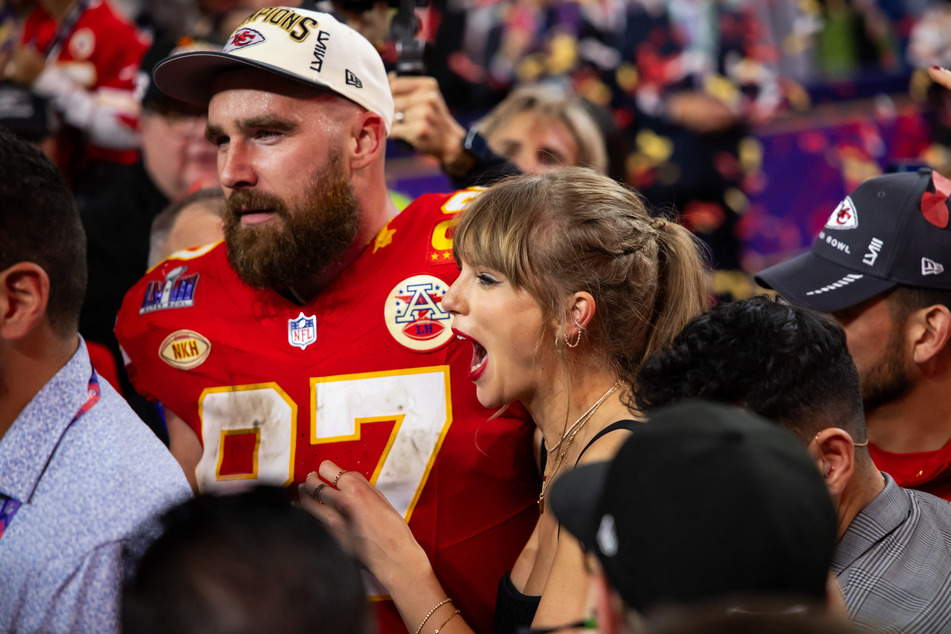 Kansas City Chiefs tight end Travis Kelce celebrates with girlfriend Taylor Swift after defeating the San Francisco 49ers in Super Bowl LVIII at Allegiant Stadium.