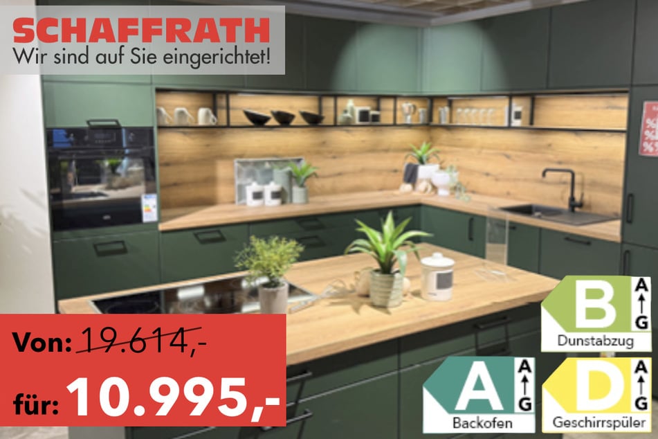 nolte Küche mit Kochinsel inkl. Geräte von AEG: Backofen GB4011PB, EEK+ A+, Großzügige Inselplanung, Kochfeld HK857870XB, Geschirrspüler FSE53960Z, EEK+ D, Falmec Dunstabzug STELLA 90 Schwarz Decke, EEK+ B