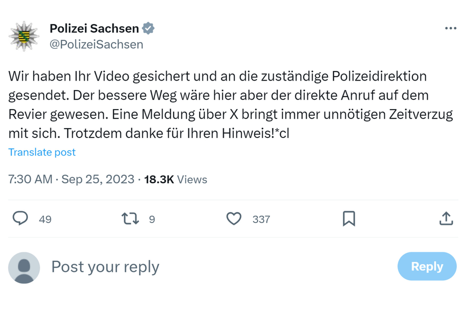 Auf X bestätigte die Polizei Sachsen, dass sie Kenntnis von dem Video hat.