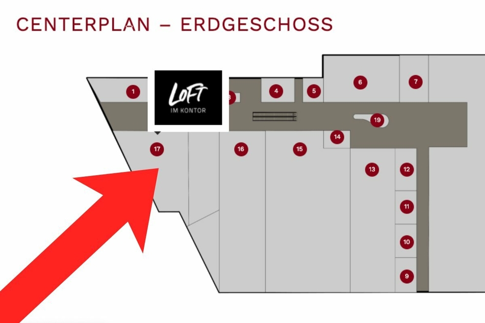 Der Laden befindet sich im Erdgeschoss direkt am Haupteingang des Kontor-Einkaufscenters.