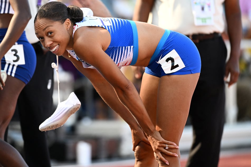 Allyson Felix reacts after the women's 4x400m relay heats during the World Athletics Championships at Hayward Field in Eugene, Oregon, on July 23, 2022.