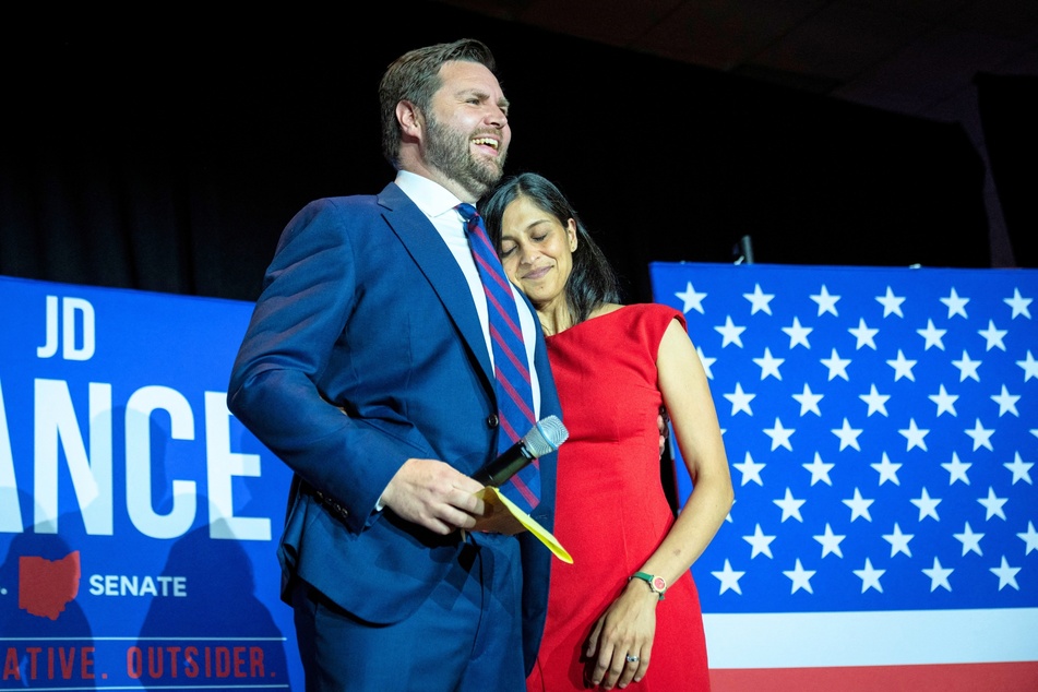 Republican JD Vance hugs his wife Usha Vance after winning the primary in his race for US Senate in Cincinnati, Ohio, on May 3, 2022.