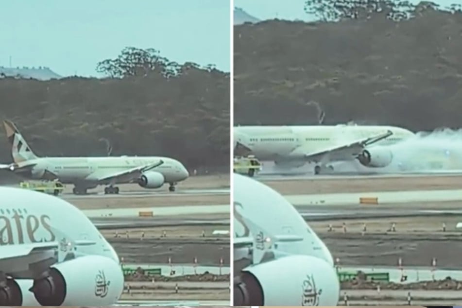 Nachdem der Pilot eine Notbremsung durchgeführt hatte, stieg Rauch unter der Boeing hervor.