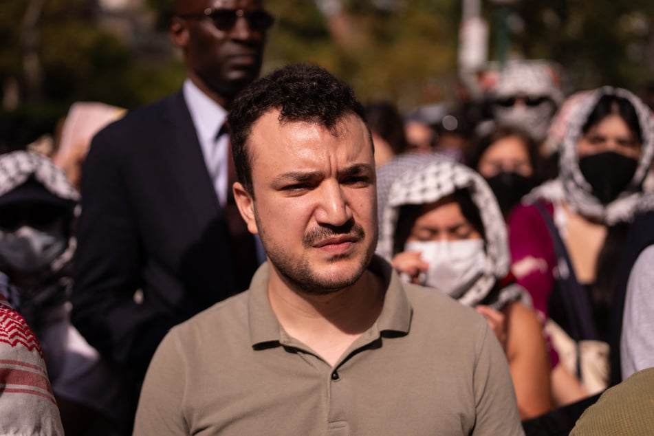 Mahmoud Khalil attends a vigil and protest for Palestine outside of Columbia University on October 7, 2025.