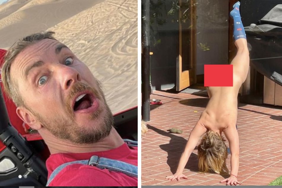 Dax Shepard (l.) took to his typical TMI-style when he shared a naked photo of his wife on Sunday (r.).
