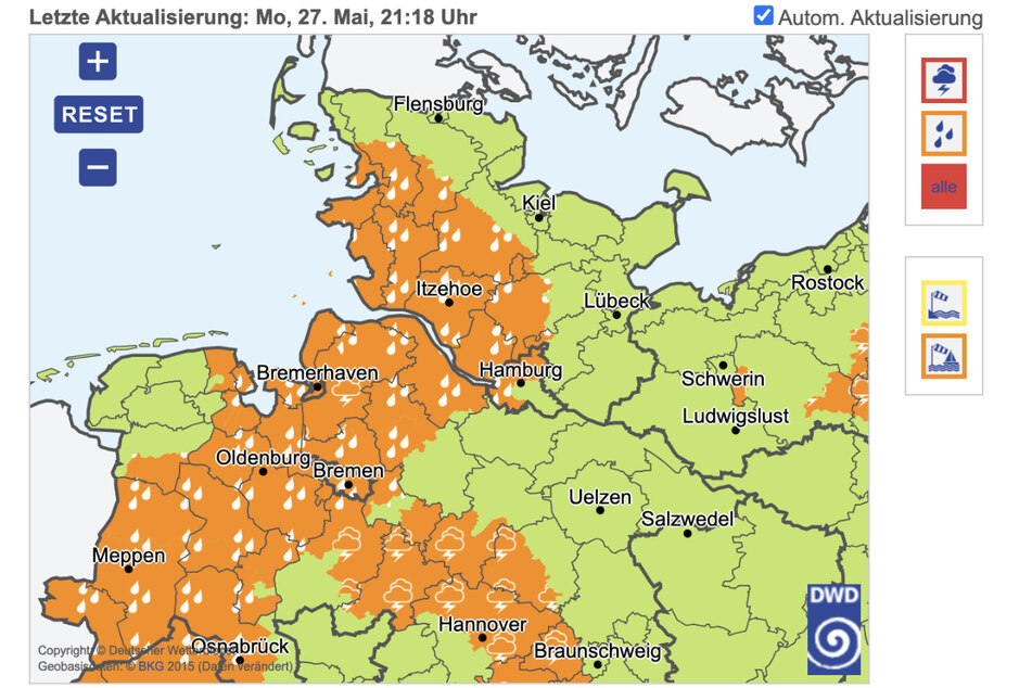 Der DWD warnt vor allem für den Nordwesten vor Starkregen über Nacht.