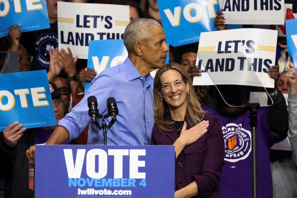 Former President Barack Obama campaigns with Democratic candidate for New Jersey Governor Mikie Sherrill during a rally in Newark on November 1, 2025.