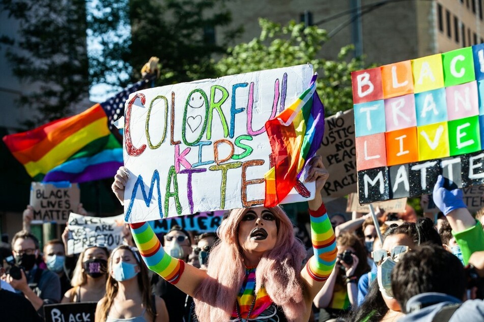 Protesters march in support of LGBTQ+ rights and Black Lives Matter in Chicago, Illinois.