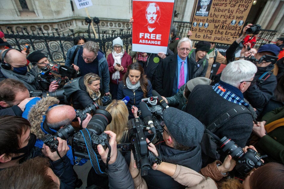 Stella Moris, Julian Assange's fiancée, speaking in front of the Royal Courts of Justice in London.