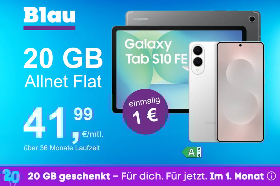 Das Samsung Galaxy S25 Edge + Tab A10 FE im Blau Allnet M für einmalig 1 Euro.