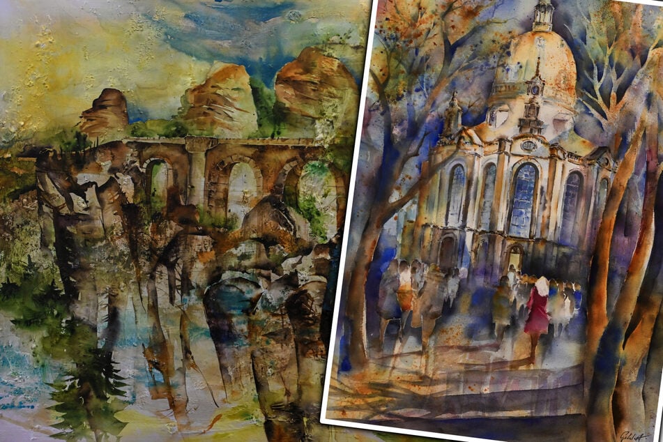 So aquarellierte Tina Gehlert die Dresdner Frauenkirche und den Blick auf die Bastei in der Sächsischen Schweiz.
