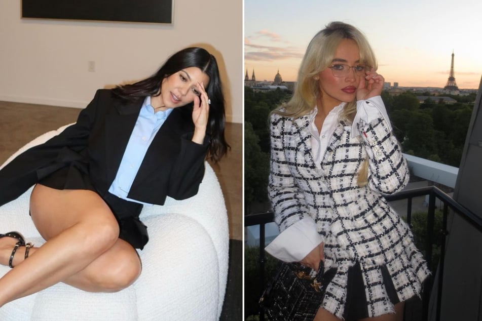 Kourtney Kardashian (l.) channeled Sabrina Carpenter's carefree attitude in a new post inspired by the buzzy singer's new album.