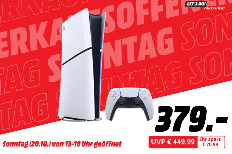 Sony PlayStation 5 Slim für 379 statt 449,99 Euro.
