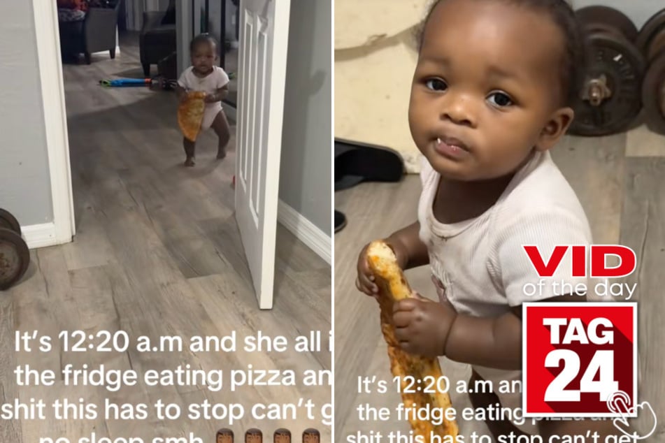 Toddler Treasure was caught on camera wandering out of the kitchen at midnight with half a personal pizza in her hands!