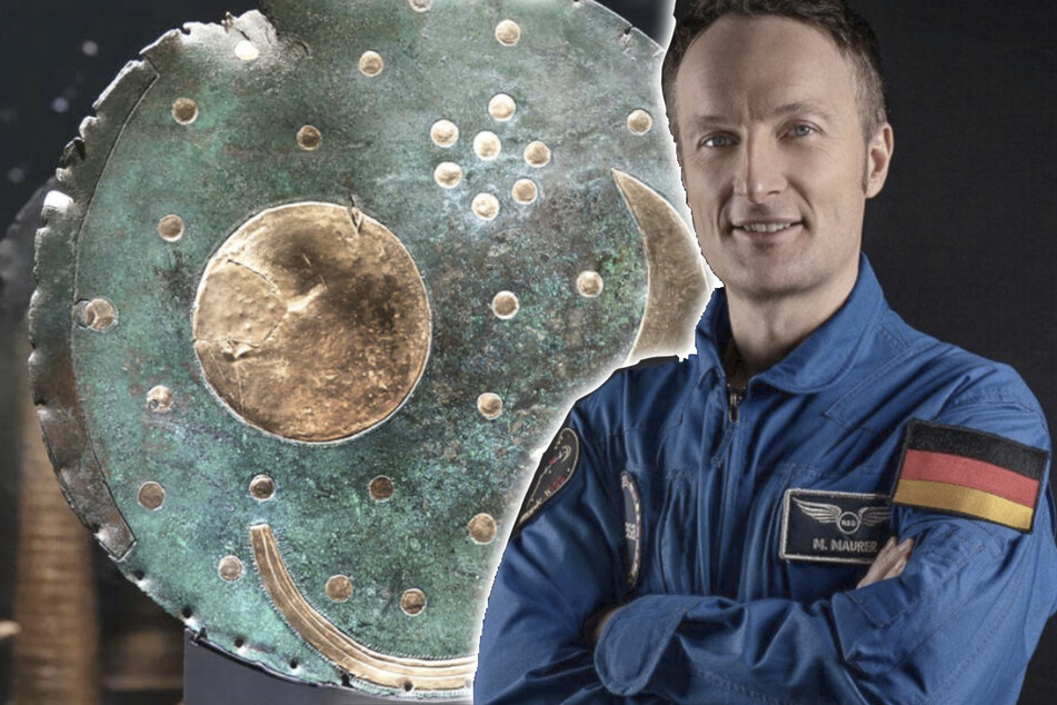 Astronaut Matthias Maurer (51) wird am 30. Oktober zur ISS in den Weltraum fliegen. Mit im Logo von Maurer dabei: Die Himmelsscheibe von Nebra. (Bildmontage)