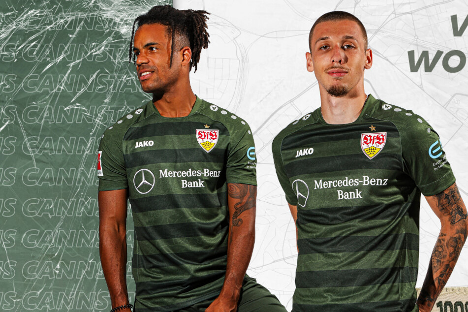 Die VfB-Profis Daniel Didavi (30) und Darko Churlinov (20) präsentieren das neue Trikot des VfB Stuttgart.