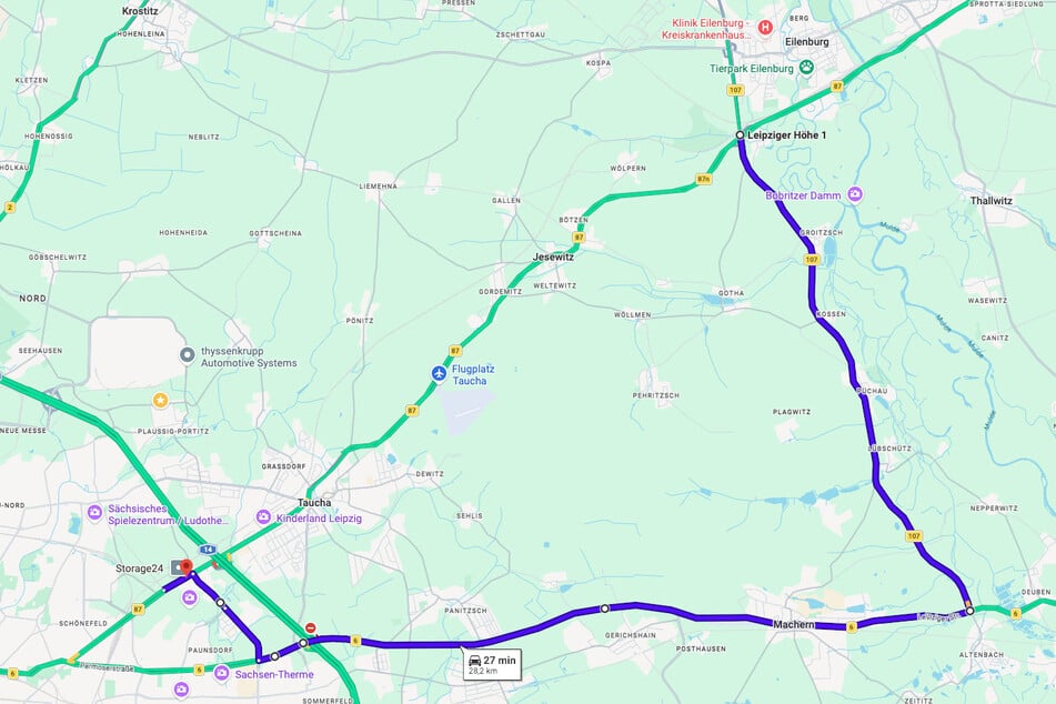 Die zehn Kilometer längere Umleitung in Richtung Torgau erfolgt über die B6 und die B107 zurück auf die B87 bei Eilenburg.
