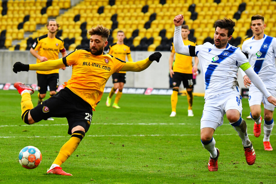 Brandon Borrello (l.) war zwar auch bei Dynamo Dresden bemüht, blieb in 18 Einsätzen aber glücklos und ohne Tor.