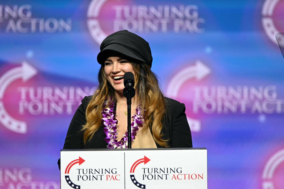 Gina Carano speaks during a Turning Point Action "United for Change" campaign rally Donald Trump in Las Vegas, Nevada, on October 24, 2024.