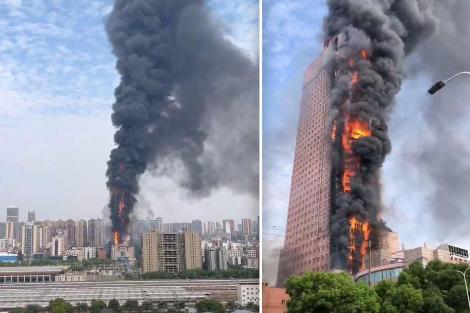 Die gesamte Seite des "China Telecom"-Gebäudes in Changsha steht in Flammen!