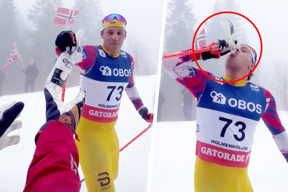 Nicht zu glauben: Fredrik Fodstad hat während des 50-Kilometer-Rennens am Holmenkollen eine Pause eingelegt, um ein Bier zu trinken.