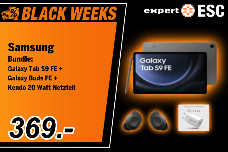 Das Samsung Galaxy Tab S9 FE im Bundle mit Galaxy Buds FE und Kendo 20 Watt Netzteil für 369 Euro.