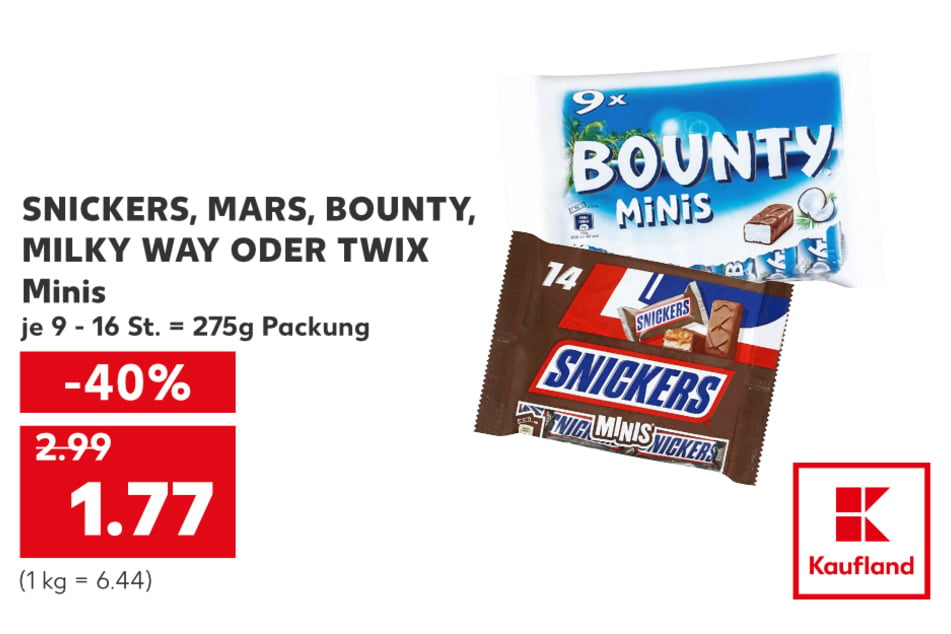 Mini Snickers, Mars, Bounty, Milky Way oder Twix für nur 1,77 Euro.