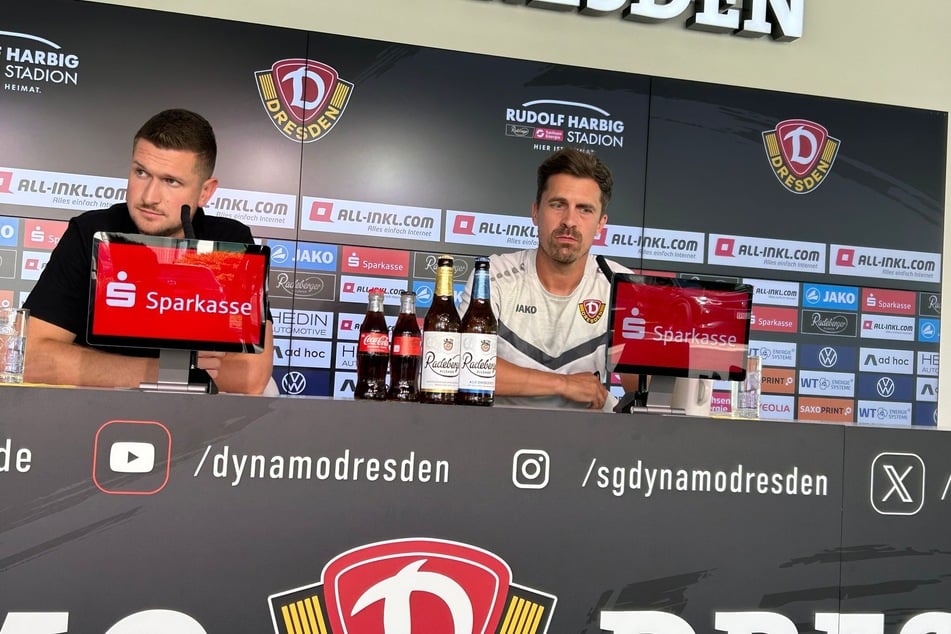 Thomas Stamm (r.) sprach am Donnerstag über das Derby in Aue am Freitag.