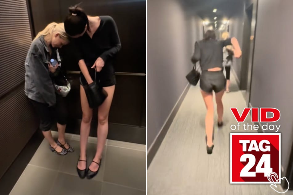 These girls tried to make a dramatic exit after girls' dinner, but ended up eating the carpet instead!