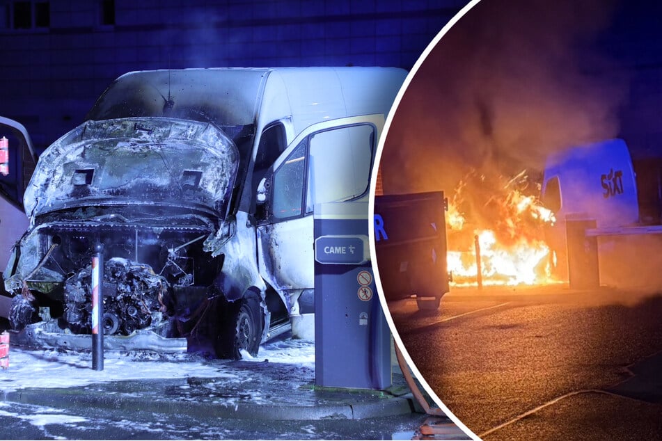 Dresden: Einsatz am Elbepark: Geparkter Transporter steht plötzlich in Flammen