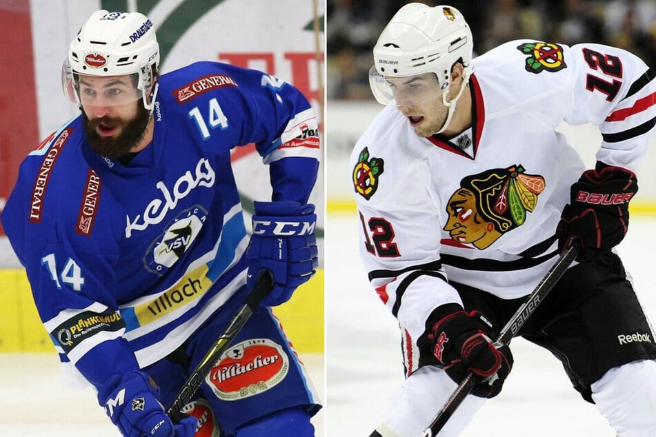 Kyle Beach, playing for the Blackhawks in September 2010 (r.), is currently with the Black Dragons Erfurt in Germany.